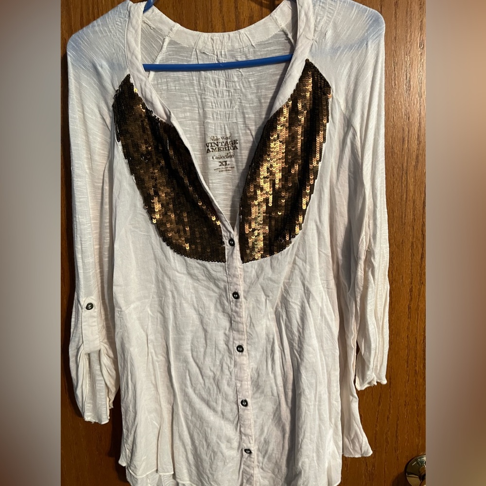 VINTAGE AMERICA‎ BUTTON DOWN GOLD EMBELLISHMENT LIGHTWEIGHT COTTON XL